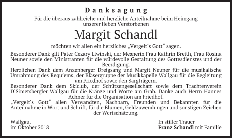  Traueranzeige für Margit Schandl vom 27.10.2018 aus merkurtz