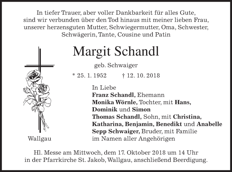  Traueranzeige für Margit Schandl vom 15.10.2018 aus merkurtz