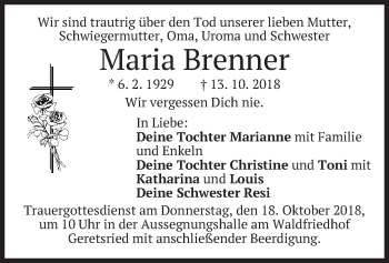 Traueranzeige von Maria Brenner von merkurtz