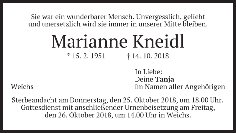  Traueranzeige für Marianne Kneidl vom 22.10.2018 aus merkurtz