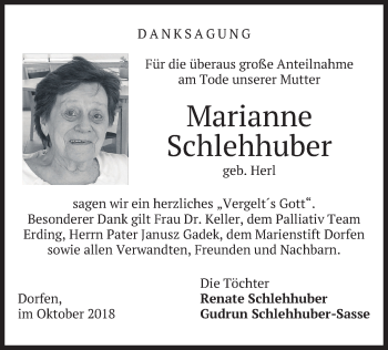 Traueranzeige von Marianne Schlehhuber von merkurtz
