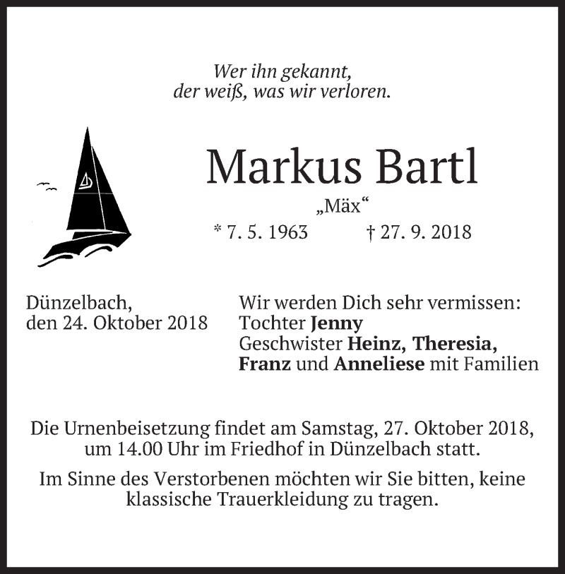 Traueranzeige für Markus Bartl vom 24.10.2018 aus merkurtz