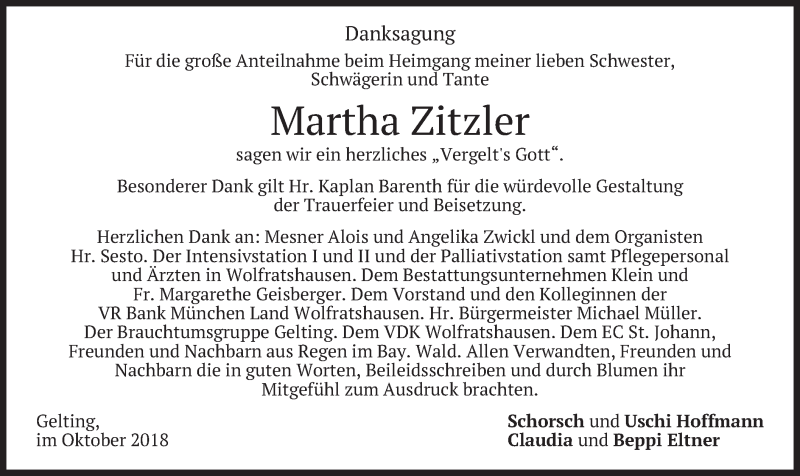  Traueranzeige für Martha Zitzler vom 06.10.2018 aus merkurtz