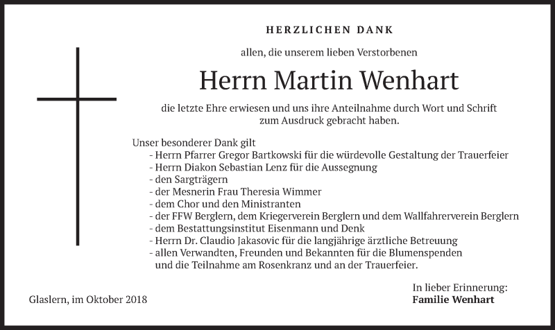  Traueranzeige für Martin Wenhart vom 06.10.2018 aus merkurtz