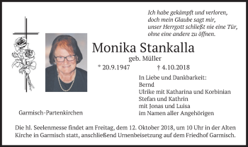 Traueranzeige von Monika Stankalla von merkurtz