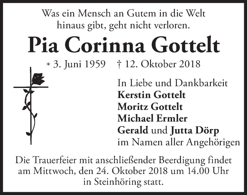  Traueranzeige für Pia Corinna Gottelt vom 22.10.2018 aus merkurtz