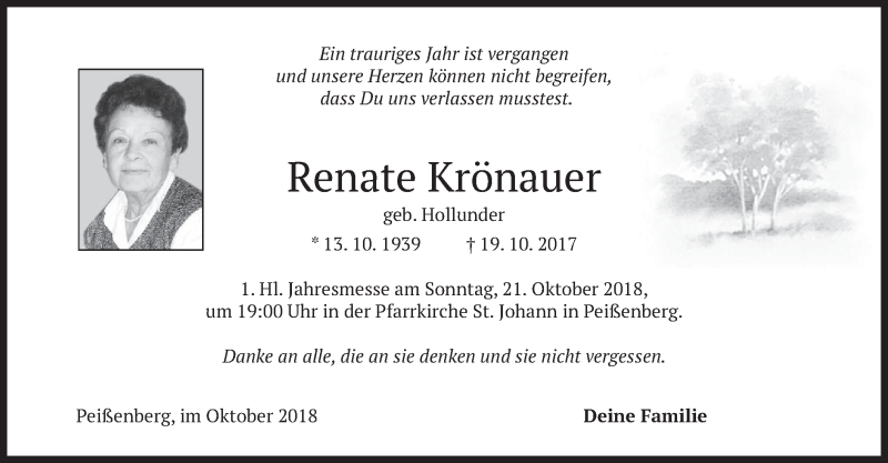  Traueranzeige für Renate Krönauer vom 19.10.2018 aus merkurtz