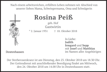Traueranzeige von Rosina Peiß von merkurtz