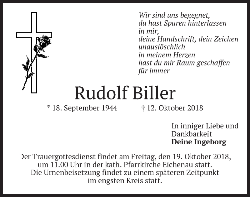  Traueranzeige für Rudolf Biller vom 16.10.2018 aus merkurtz