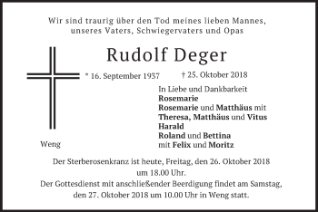 Traueranzeige von Rudolf Deger