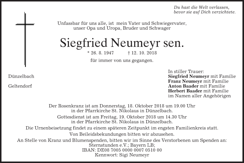  Traueranzeige für Siegfried Neumeyr vom 17.10.2018 aus merkurtz
