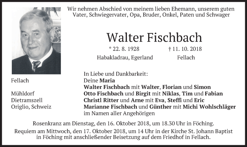  Traueranzeige für Walter Fischbach vom 13.10.2018 aus merkurtz