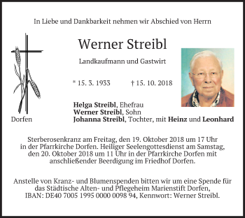 Traueranzeige von Werner Streibl von merkurtz