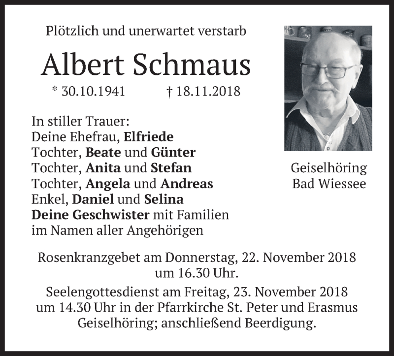  Traueranzeige für Albert Schmaus vom 21.11.2018 aus merkurtz
