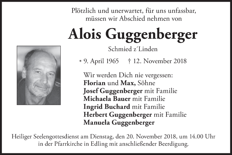  Traueranzeige für Alois Guggenberger vom 17.11.2018 aus merkurtz