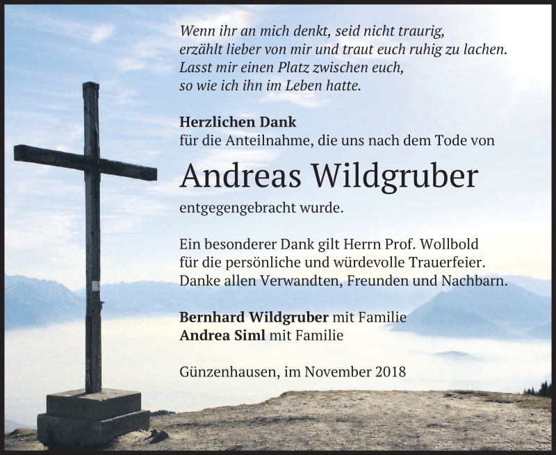  Traueranzeige für Andreas Wildgruber vom 10.11.2018 aus merkurtz