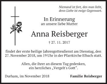 Traueranzeige von Anna Reisberger von merkurtz