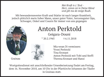 Traueranzeige von Anton Perktold von merkurtz