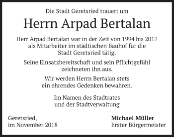 Traueranzeige von Arpad Bertalan von merkurtz