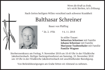 Traueranzeige von Balthasar Schreiner von merkurtz