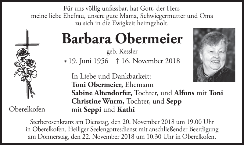  Traueranzeige für Barbara Obermeier vom 19.11.2018 aus merkurtz