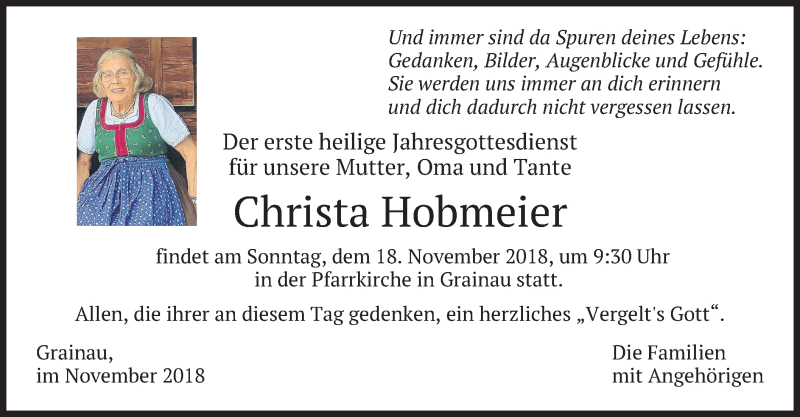  Traueranzeige für Christa Hobmeier vom 17.11.2018 aus merkurtz