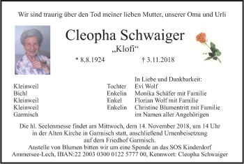 Traueranzeige von Cleopha Schwaiger von merkurtz