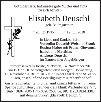 Traueranzeige von Elisabeth Deuschl von merkurtz