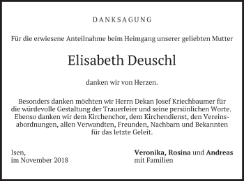 Traueranzeige von Elisabeth Deuschl von merkurtz