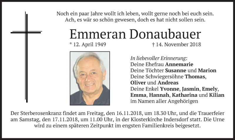  Traueranzeige für Emmeran Donaubauer vom 16.11.2018 aus merkurtz