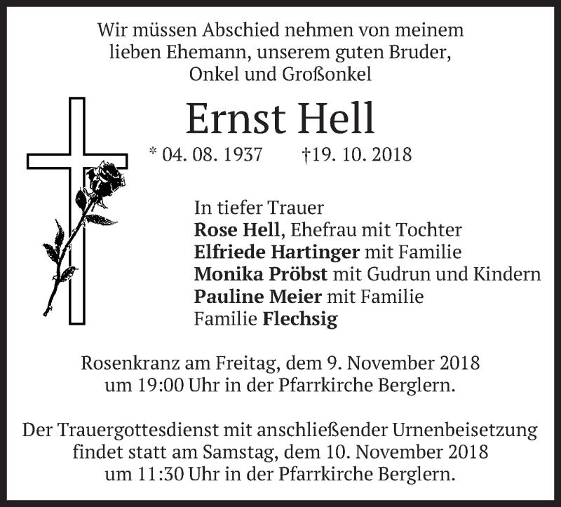  Traueranzeige für Ernst Hell vom 08.11.2018 aus merkurtz