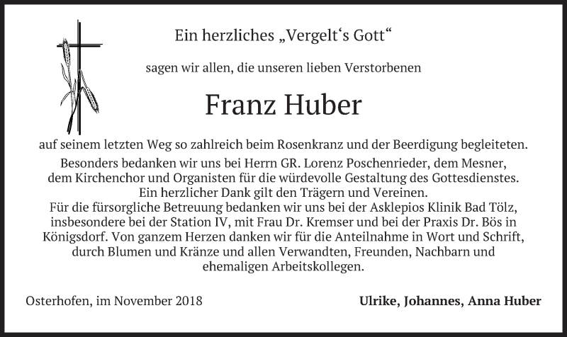  Traueranzeige für Franz Huber vom 10.11.2018 aus merkurtz