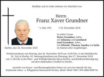 Traueranzeige von Franz Xaver Grundner von merkurtz