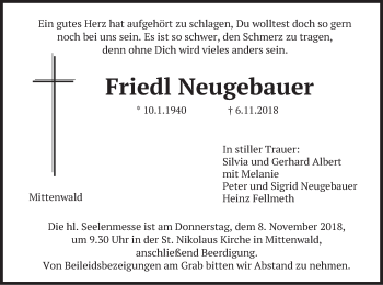 Traueranzeige von Friedl Neugebauer von merkurtz
