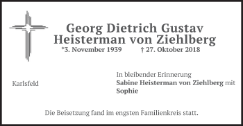 Traueranzeige von Georg Dietrich Gustav Heisterman von Ziehlberg