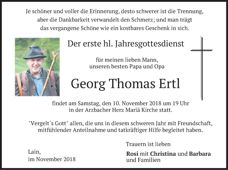  Traueranzeige für Georg Thomas Ertl vom 07.11.2018 aus merkurtz