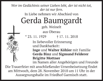 Traueranzeige von Gerda Baumgardt von merkurtz