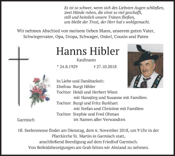 Traueranzeige von Hanns Hibler von merkurtz