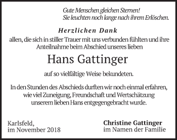 Traueranzeige von Hans Gattinger von merkurtz