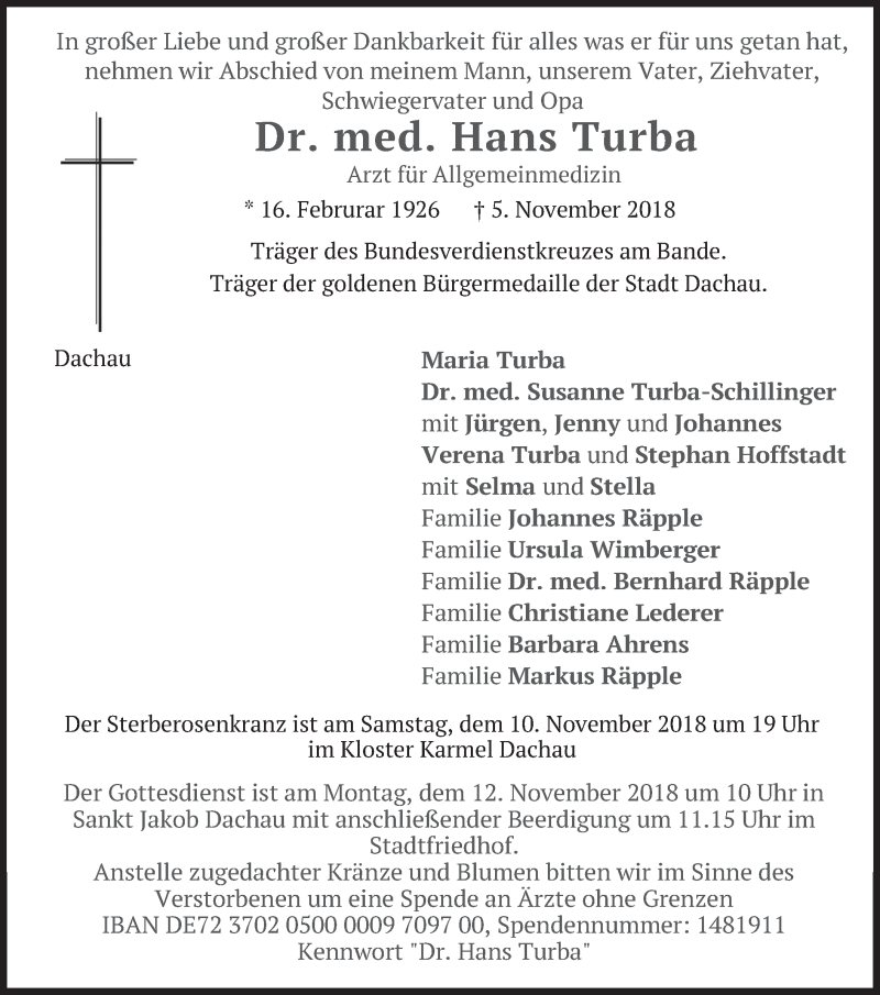  Traueranzeige für Hans Turba vom 09.11.2018 aus merkurtz