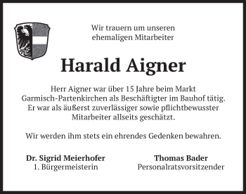 Traueranzeige von Harald Aigner von merkurtz