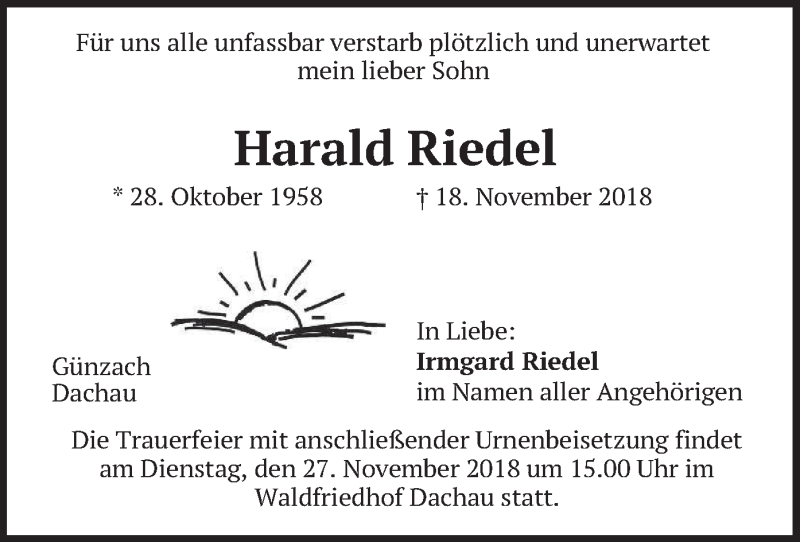  Traueranzeige für Harald Riedel vom 24.11.2018 aus merkurtz