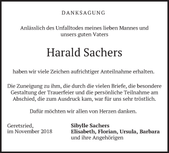 Traueranzeige von Harald Sachers von merkurtz