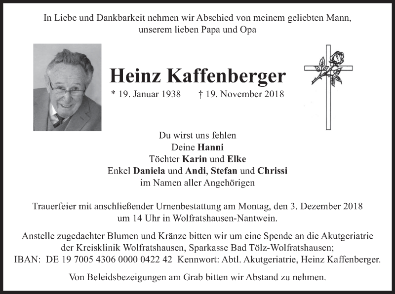  Traueranzeige für Heinz Kaffenberger vom 27.11.2018 aus merkurtz