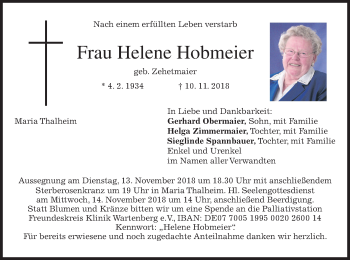 Traueranzeige von Helene Hobmeier von merkurtz