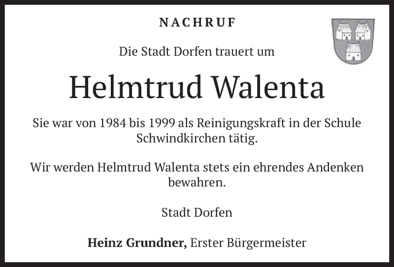  Traueranzeige für Helmtrud Walenta vom 02.11.2018 aus merkurtz