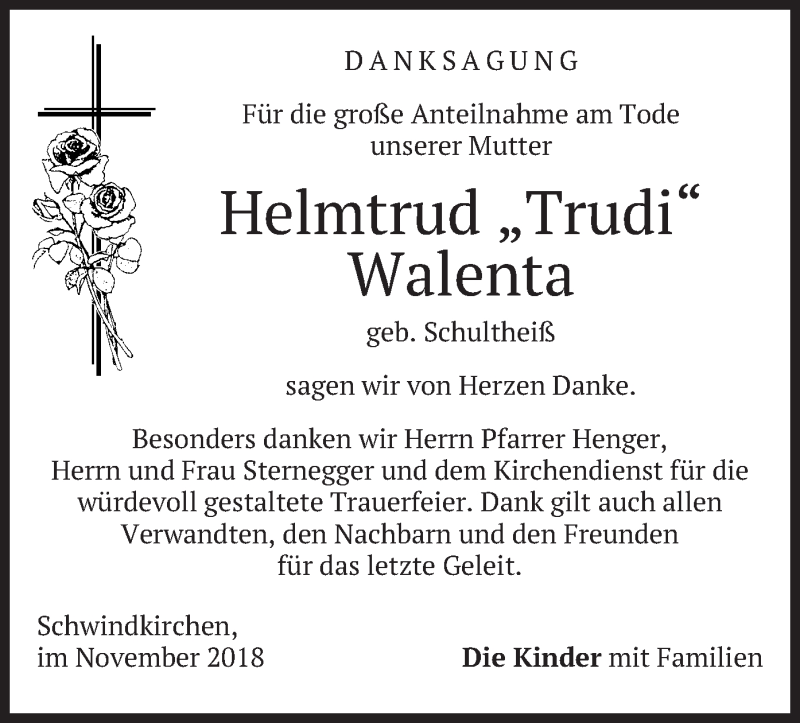  Traueranzeige für Helmtrud Walenta vom 10.11.2018 aus merkurtz