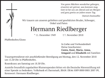 Traueranzeige von Hermann Riedlberger von merkurtz