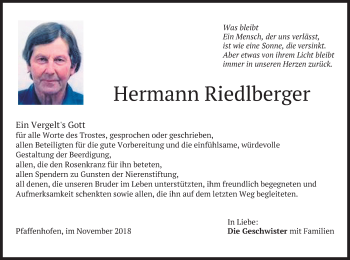 Traueranzeige von Hermann Riedlberger von merkurtz