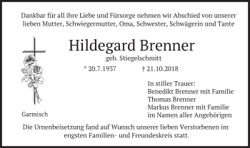 Traueranzeige von Hildegard Brenner von merkurtz